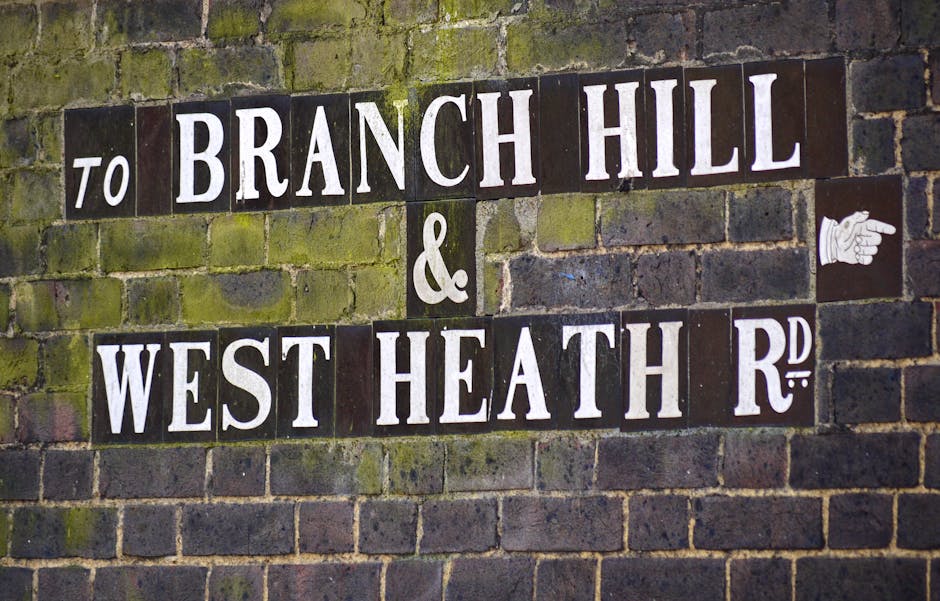 A brick wall with a decorative street sign made of dark tiles and white lettering, displaying the names 'Branch Hill' and 'West Heath Road' with text reading 'to' and an ampersand between the two. The wall has visible weathering with patches of green moss and moss stains on the bricks. The sign includes a small white arrow pointing right, and a white ceramic hand pointing to the right on the right side of the sign. The background appears to be an exterior urban setting, typical of residential or public street signage, with natural light illuminating the scene, emphasizing the texture of the moss-covered bricks. This street signage is typical of outdoor urban environments where independent or private waste collection services like those offered by wasteclearancewesthampstead.co.uk may operate in the local area, often requiring on-site clearance of waste or rubbish removal from nearby residential flats or gardens.